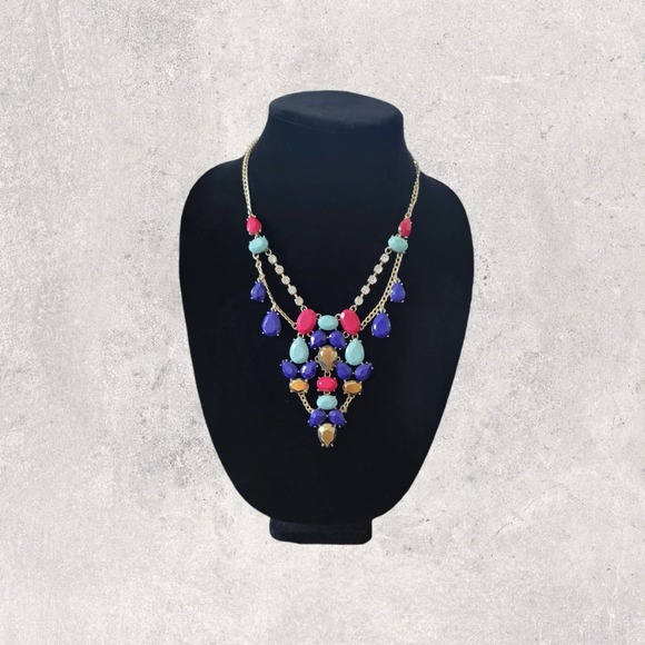 Multi Color Stones Faux Diamonds Gold Color Chain Fashion Necklace - Picture 2 of 12